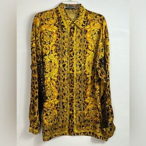 Ceta Italiano Men’s Blended Silk Button Down Shirt Metallic Gold Black Sz L Vtg